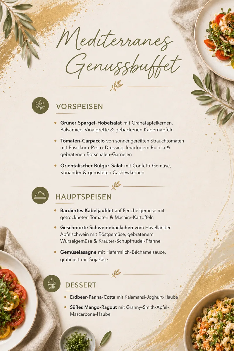 Menükarte Mediterranes Genussbuffet – alle Gänge im Überblick